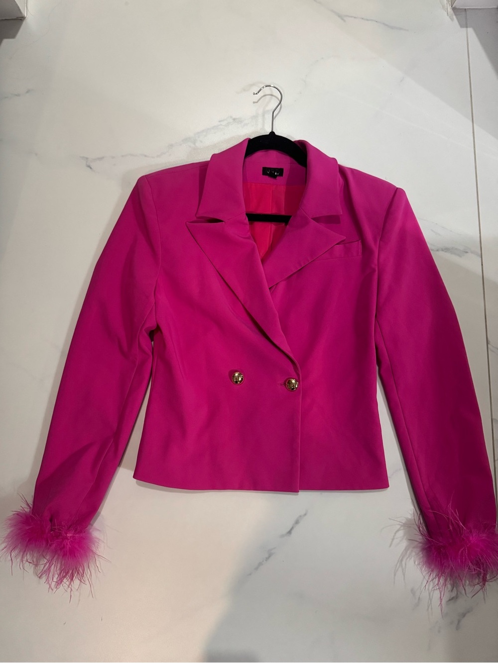 NBD Blazer Feather Trimmed Cuffs in Fuchsia